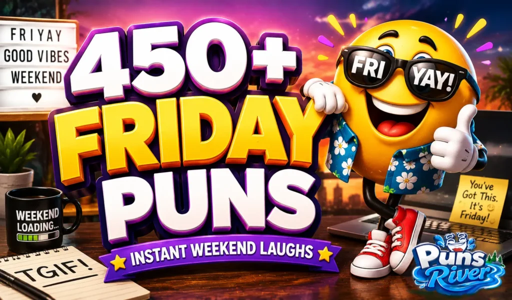 450+ Friday puns thumbnail with a cheerful cartoon mascot and bold 3D text