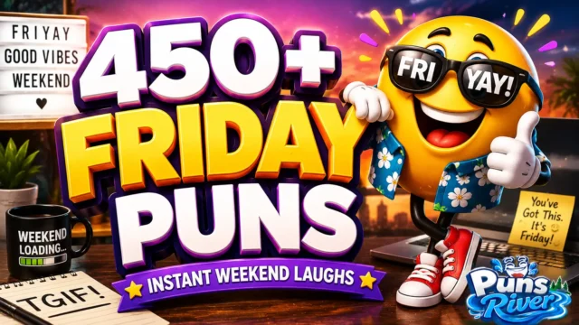 450+ Friday puns thumbnail with a cheerful cartoon mascot and bold 3D text
