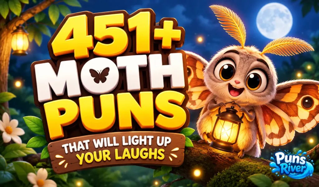 451+ moth puns thumbnail with a cheerful cartoon moth and glowing lantern