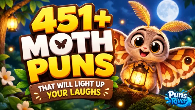 451+ moth puns thumbnail with a cheerful cartoon moth and glowing lantern