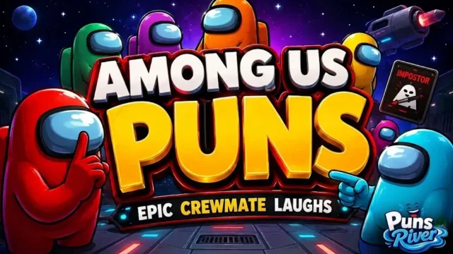 Among Us puns graphic featuring a red crewmate shushing and a blue crewmate pointing at the text Epic Crewmate Laughs in a space setting.