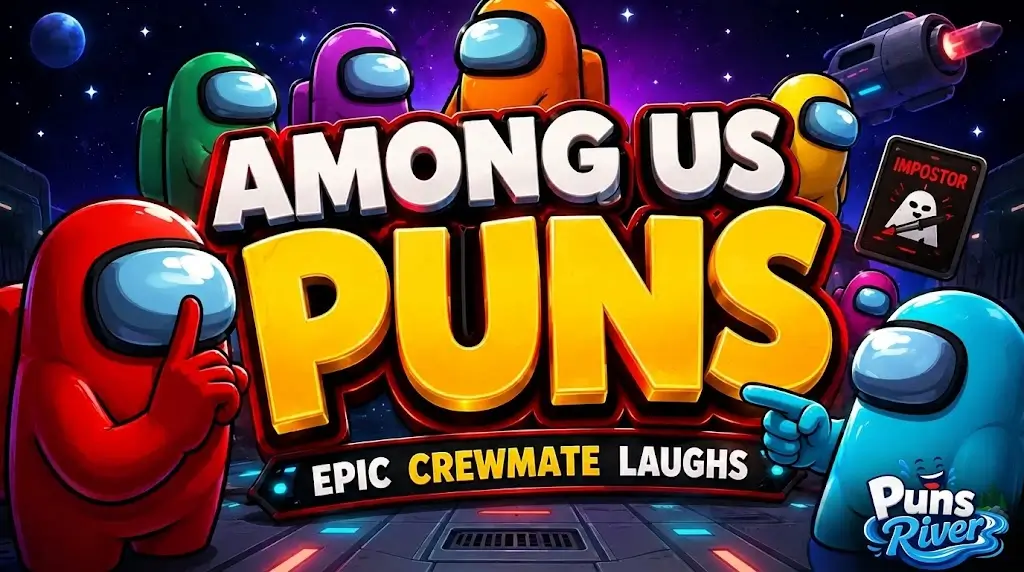 Among Us puns graphic featuring a red crewmate shushing and a blue crewmate pointing at the text Epic Crewmate Laughs in a space setting.