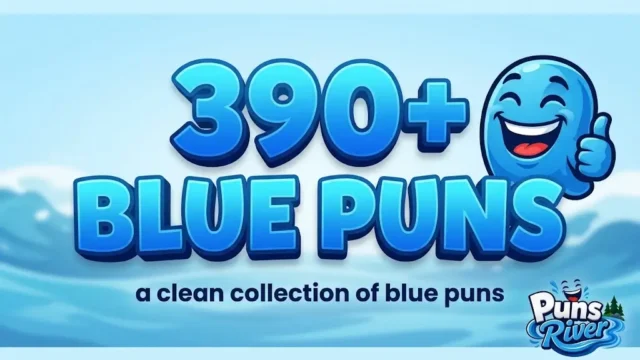 A featured thumbnail image showing large 3D text for 390+ blue puns and a smiling blue character.