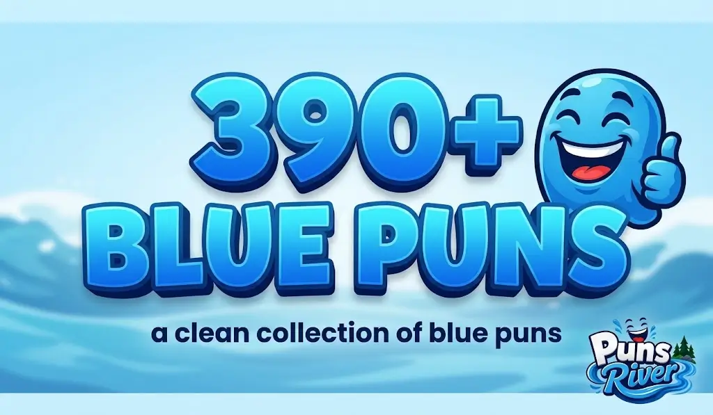 A featured thumbnail image showing large 3D text for 390+ blue puns and a smiling blue character.