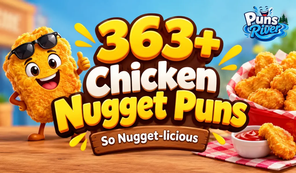Chicken nugget puns thumbnail with a funny cartoon nugget and crispy chicken nuggets