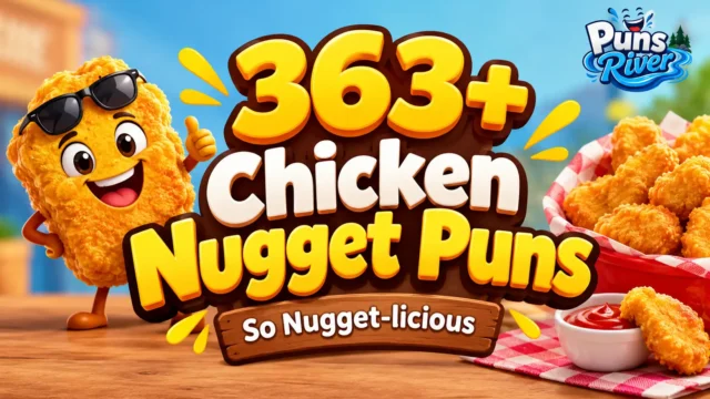 Chicken nugget puns thumbnail with a funny cartoon nugget and crispy chicken nuggets