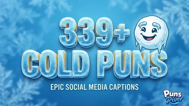 Icy blue 3D text for COLD PUNS with a cute snowball mascot on a frosty background.