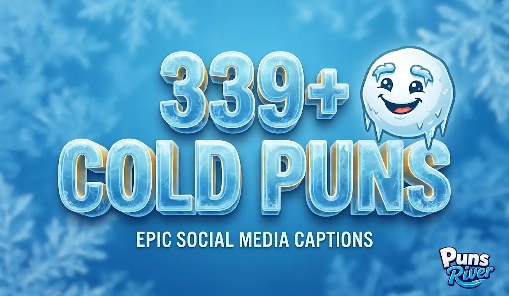 Icy blue 3D text for COLD PUNS with a cute snowball mascot on a frosty background.