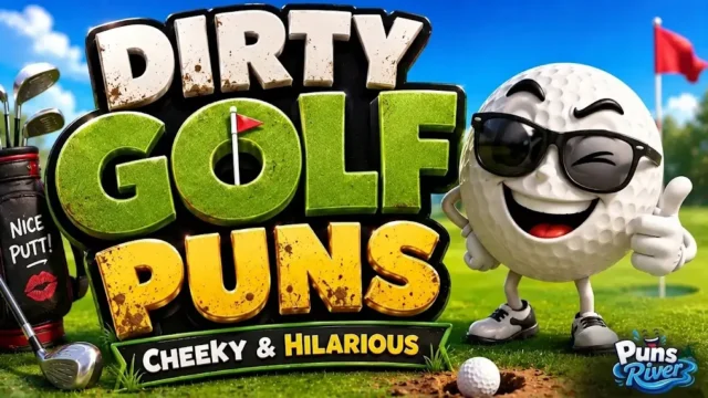Playful 3D "DIRTY GOLF PUNS" text next to a winking cartoon golf ball character wearing sunglasses and giving a thumbs-up on a golf course, with a "NICE PUTT!" golf bag on the left and a "CHEEKY & HILARIOUS" banner at the bottom.