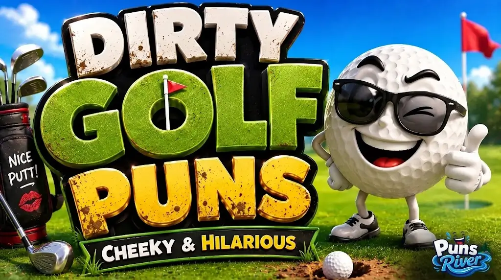 Playful 3D "DIRTY GOLF PUNS" text next to a winking cartoon golf ball character wearing sunglasses and giving a thumbs-up on a golf course, with a "NICE PUTT!" golf bag on the left and a "CHEEKY & HILARIOUS" banner at the bottom.