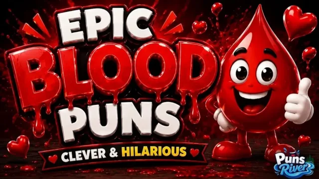 A cheerful 3D cartoon blood drop character giving a thumbs up next to the giant dripping 3D text "EPIC BLOOD PUNS" with "CLEVER & HILARIOUS" on a banner below.