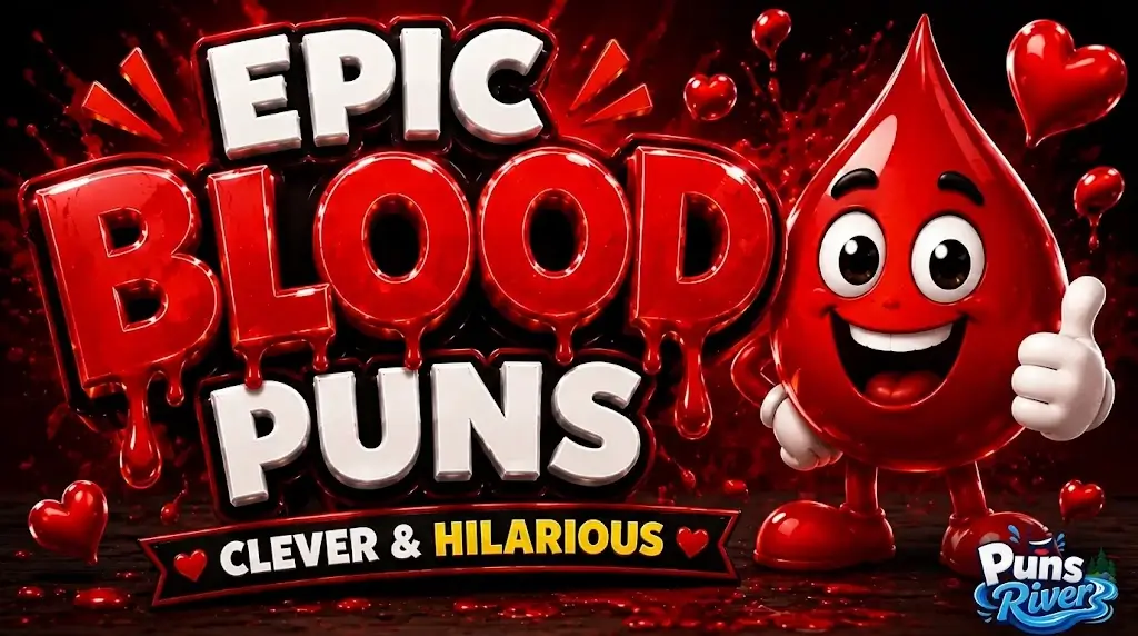 A cheerful 3D cartoon blood drop character giving a thumbs up next to the giant dripping 3D text "EPIC BLOOD PUNS" with "CLEVER & HILARIOUS" on a banner below.
