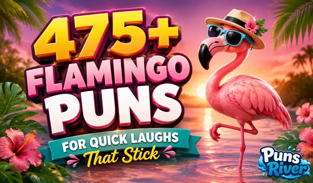 475+ flamingo puns with a colorful cartoon flamingo by a tropical lagoon