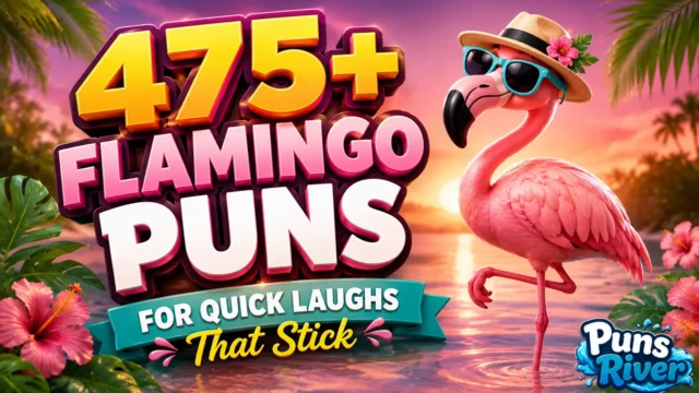 475+ flamingo puns with a colorful cartoon flamingo by a tropical lagoon