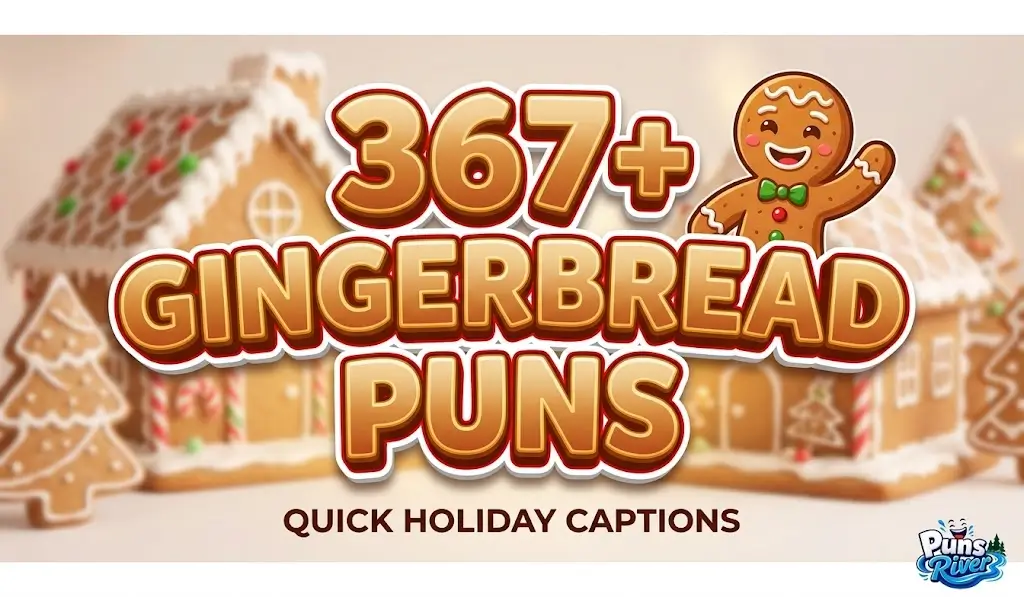 Large 3D text for 367+ Gingerbread Puns with a cute smiling gingerbread man mascot.