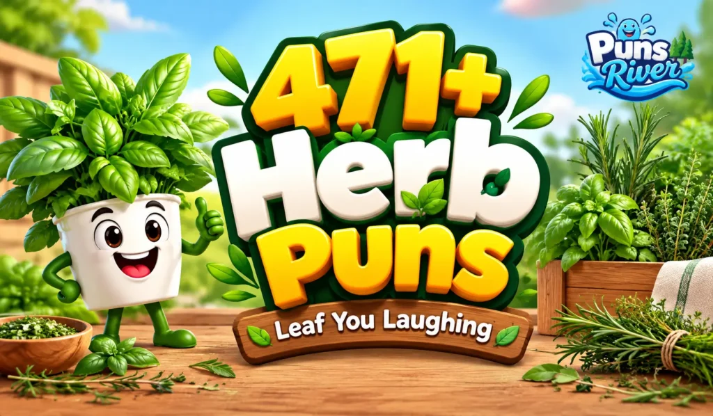 Herb puns thumbnail with a cheerful potted herb mascot and fresh green herbs
