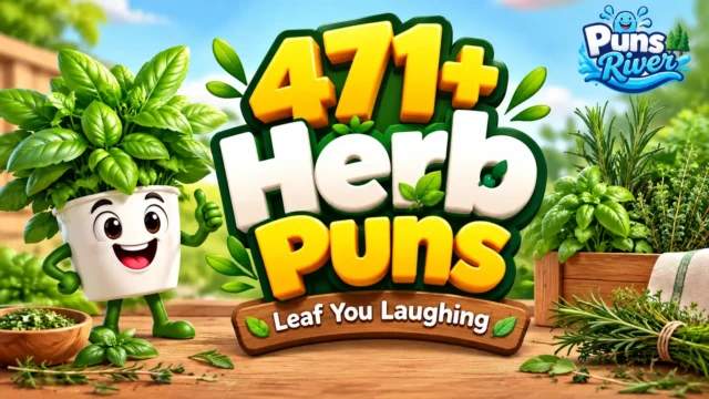Herb puns thumbnail with a cheerful potted herb mascot and fresh green herbs