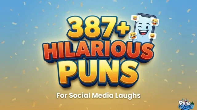 A featured thumbnail showing 387+ Hilarious Puns in 3D text with a laughing smartphone mascot and tagline.