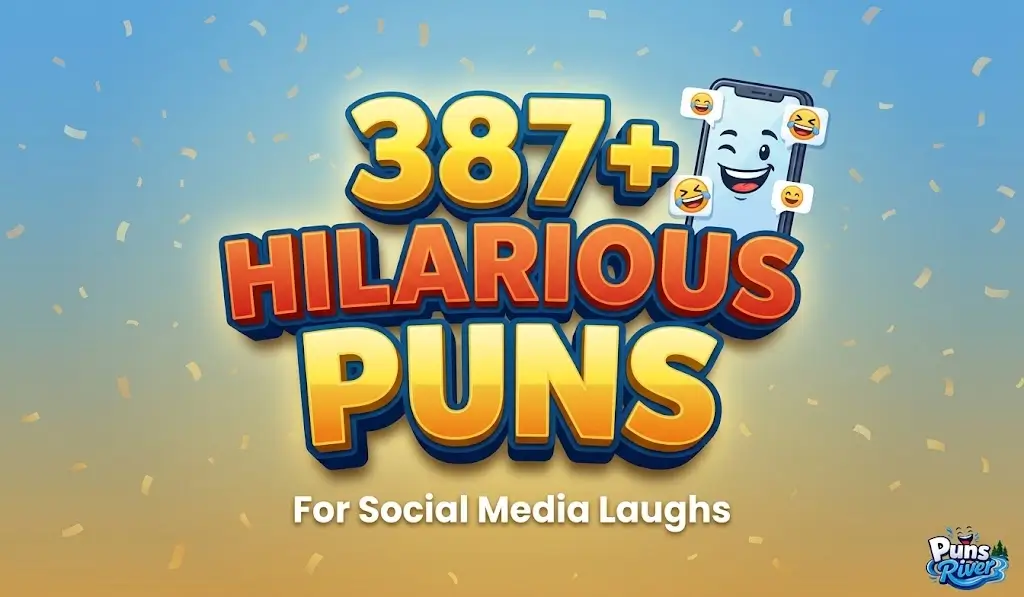 A featured thumbnail showing 387+ Hilarious Puns in 3D text with a laughing smartphone mascot and tagline.