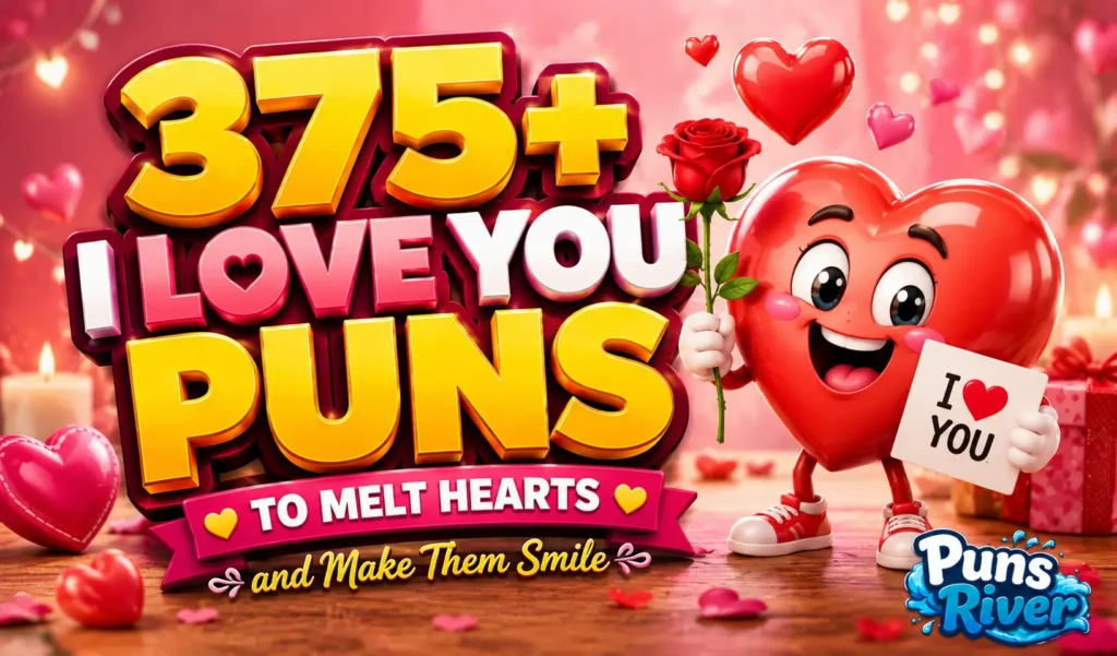 375+ i love you puns with a cheerful heart mascot, rose, and romantic background