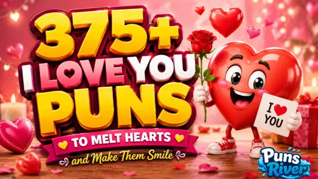 375+ i love you puns with a cheerful heart mascot, rose, and romantic background