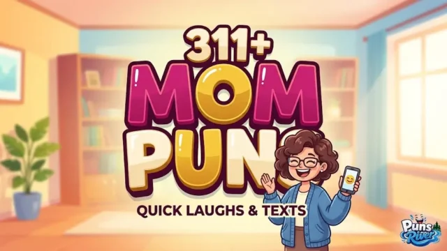A cartoon illustration featuring 3D text "311+ MOM PUNS" and a smiling mom holding a phone.