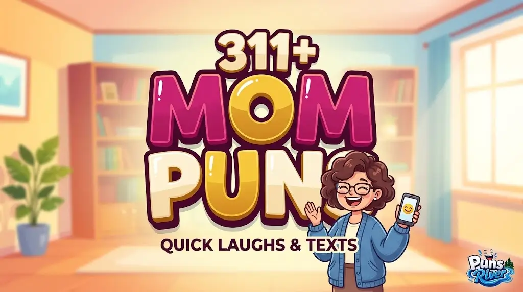 A cartoon illustration featuring 3D text "311+ MOM PUNS" and a smiling mom holding a phone.