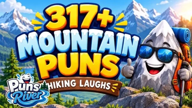 Mountain puns thumbnail featuring 317+ funny hiking jokes and a cheerful cartoon mountain