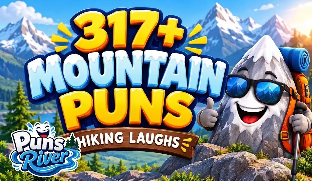 Mountain puns thumbnail featuring 317+ funny hiking jokes and a cheerful cartoon mountain