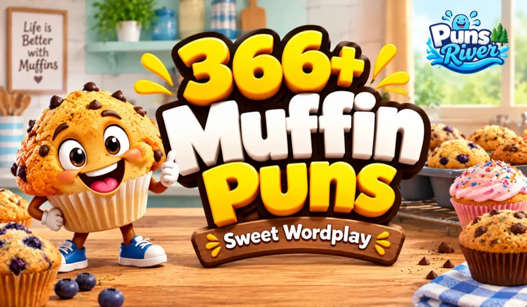 Muffin puns thumbnail with a cheerful cartoon muffin and colorful baked muffins