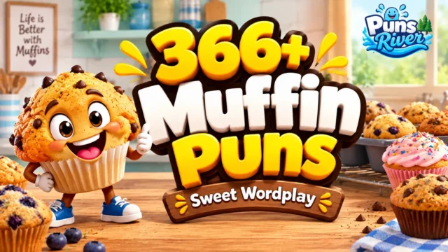 Muffin puns thumbnail with a cheerful cartoon muffin and colorful baked muffins