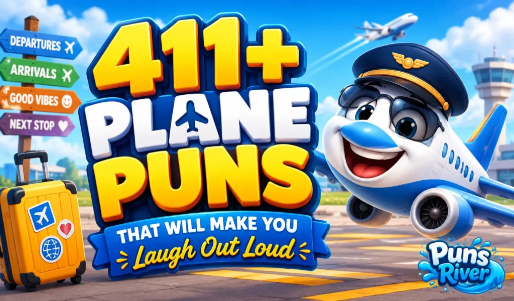 411+ plane puns thumbnail with a cheerful cartoon airplane at an airport
