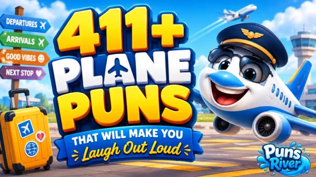 411+ plane puns thumbnail with a cheerful cartoon airplane at an airport