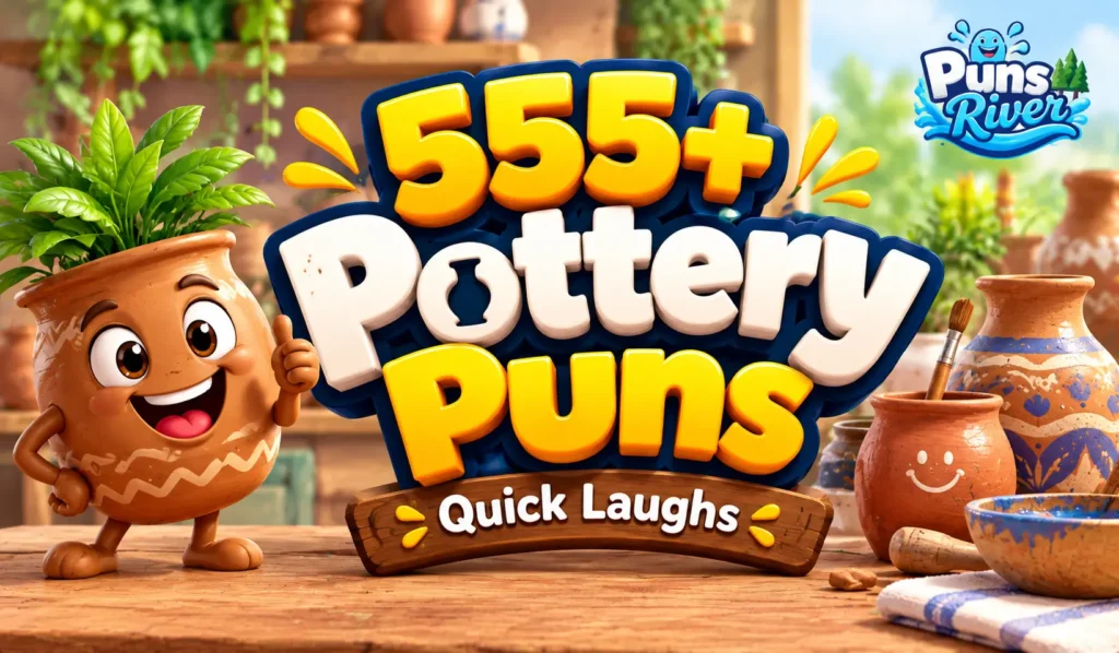 Pottery puns thumbnail with a cheerful clay pot mascot and colorful pottery