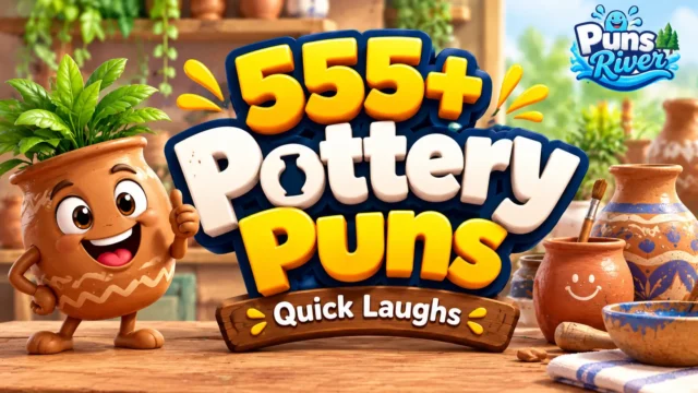 Pottery puns thumbnail with a cheerful clay pot mascot and colorful pottery