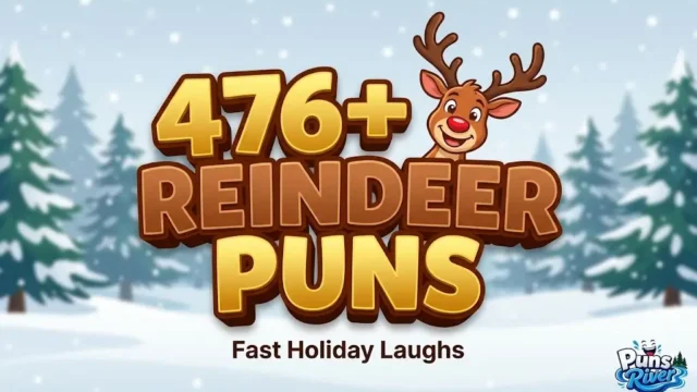 Reindeer puns featured in bold 3D text alongside a cheerful cartoon reindeer in a snowy winter forest setting.