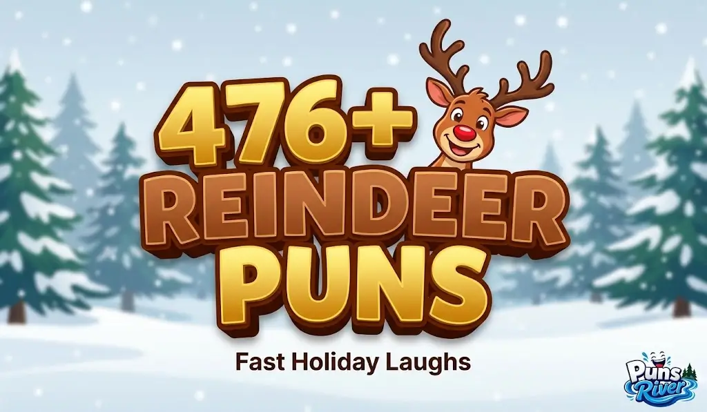 Reindeer puns featured in bold 3D text alongside a cheerful cartoon reindeer in a snowy winter forest setting.