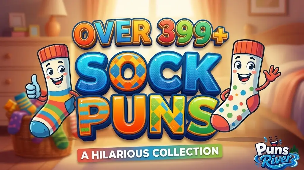 Bold 3D typography for Over 399+ Sock Puns with laughing Puns River mascot.
