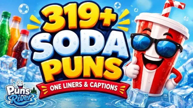 Soda puns thumbnail featuring 319+ funny jokes and a cheerful cartoon soda cup