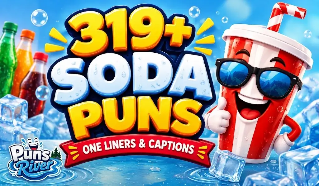 Soda puns thumbnail featuring 319+ funny jokes and a cheerful cartoon soda cup