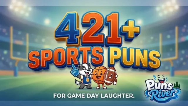 Large 3D text '421+ SPORTS PUNS' with cartoon cheering mascots on a blurred stadium background for game day.