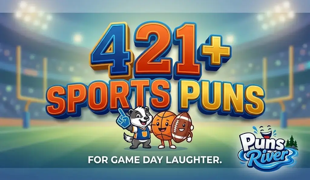 Large 3D text '421+ SPORTS PUNS' with cartoon cheering mascots on a blurred stadium background for game day.