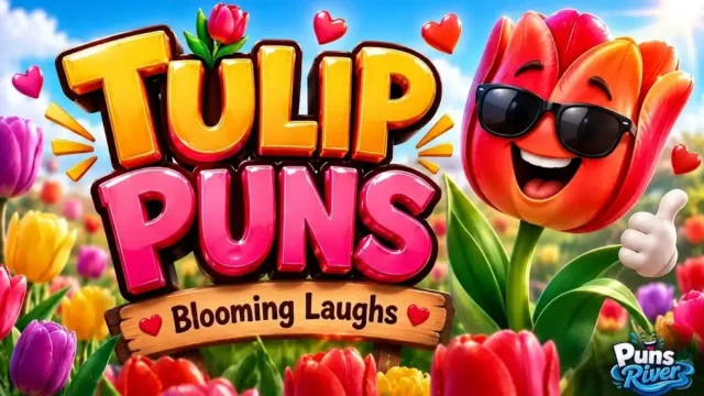 Vibrant 3D 'TULIP PUNS' text next to an animated red tulip character wearing sunglasses and giving a thumbs-up, in a field of colorful tulips under a sunny sky, with 'Blooming Laughs' on a wooden sign.