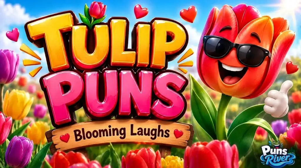 Vibrant 3D 'TULIP PUNS' text next to an animated red tulip character wearing sunglasses and giving a thumbs-up, in a field of colorful tulips under a sunny sky, with 'Blooming Laughs' on a wooden sign.