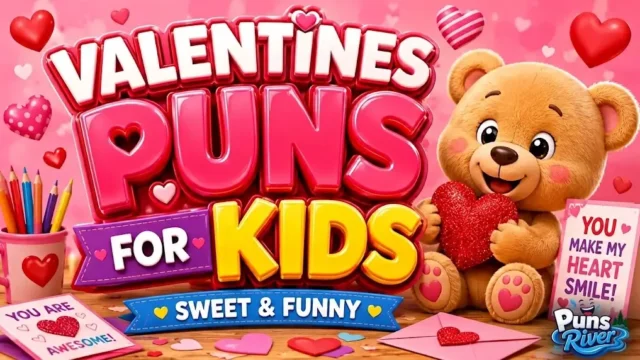 A 3D teddy bear holding a sparkly red heart next to the title Valentines Puns for Kids, surrounded by pink hearts and sweet messages.