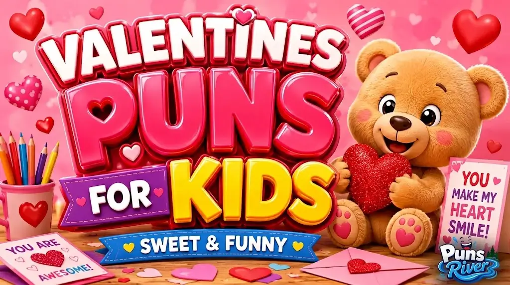 A 3D teddy bear holding a sparkly red heart next to the title Valentines Puns for Kids, surrounded by pink hearts and sweet messages.