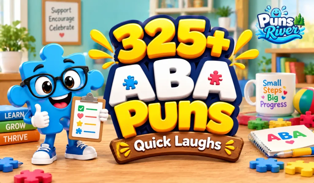 ABA puns thumbnail with a cheerful blue puzzle-piece mascot, colorful learning toys, and bold 3D text