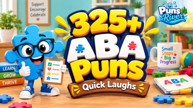 ABA puns thumbnail with a cheerful blue puzzle-piece mascot, colorful learning toys, and bold 3D text