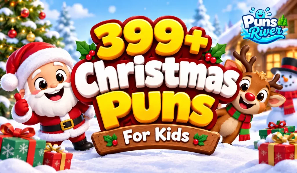 Christmas puns for kids thumbnail with Santa, a cheerful reindeer, gifts, and a Christmas tree