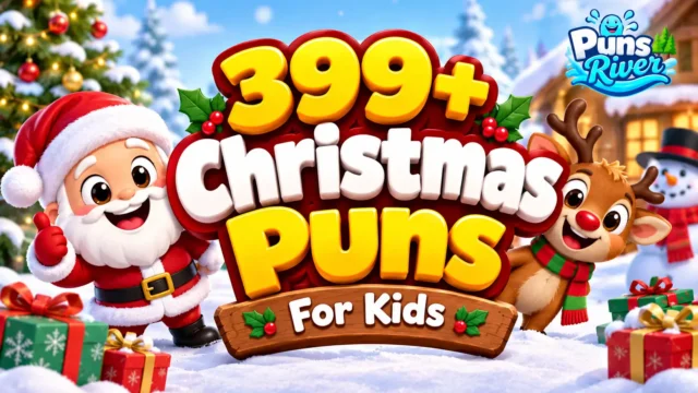 Christmas puns for kids thumbnail with Santa, a cheerful reindeer, gifts, and a Christmas tree